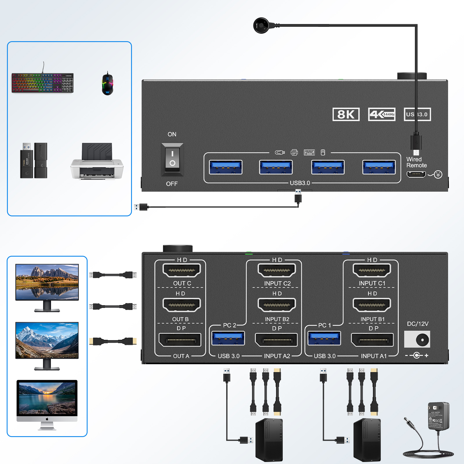 KCEVE 8K Tripe 3 Monitors KVM  - đánh giá và giá Keyboard Tenkeyless